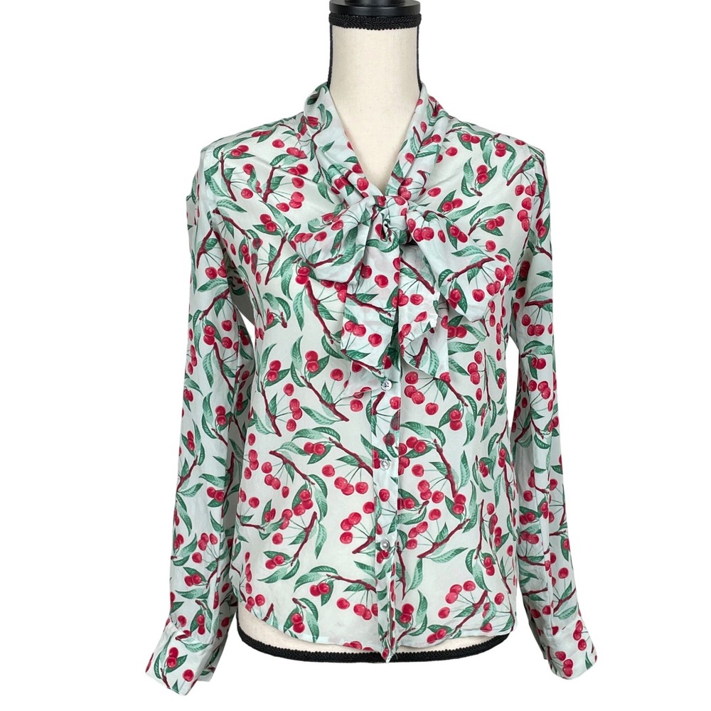 Ann Mashburn Cherry Print Tie Neck 100% Silk Blouse Womens S Long Sleeve Retro